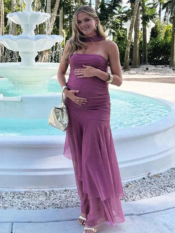 fotobeyou Pink Polka Dot Ruched Ruffle Bandeau Scarf Maternity Maxi Dress