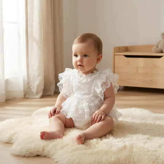 Premium White Lace Newborn Romper with Back-Tie