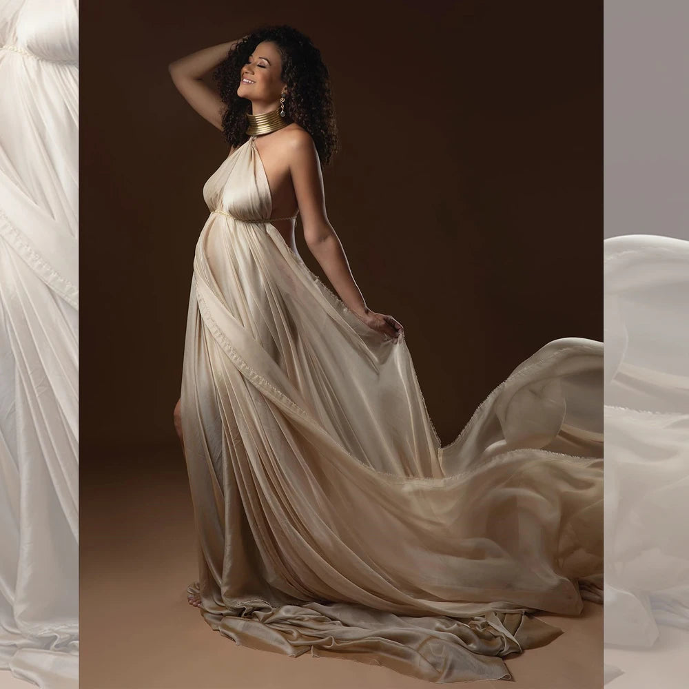 Maternity Elegant Long Gold Color Leather African Posing Gown