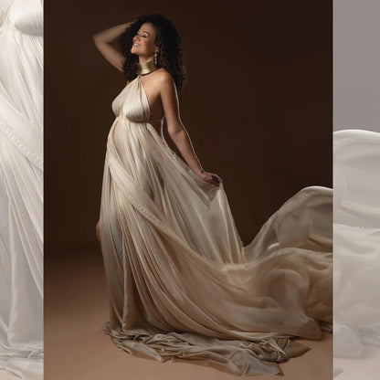 Maternity Elegant Long Gold Color Leather African Posing Gown
