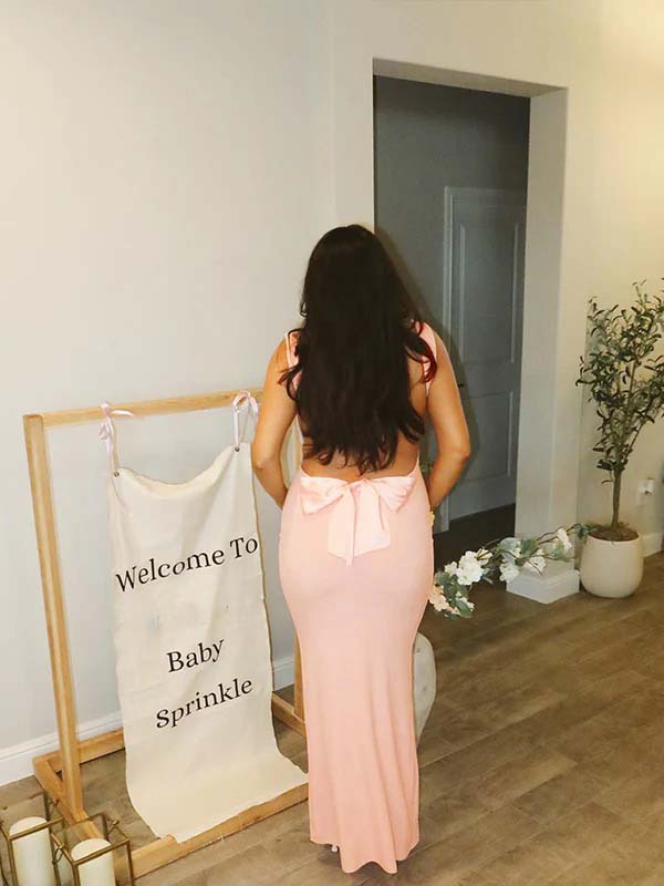 fotobeyou Solid Color Bow Tank Backless Mermaid Elegant Cocktail Party Maternity Baby Shower Maxi Dress