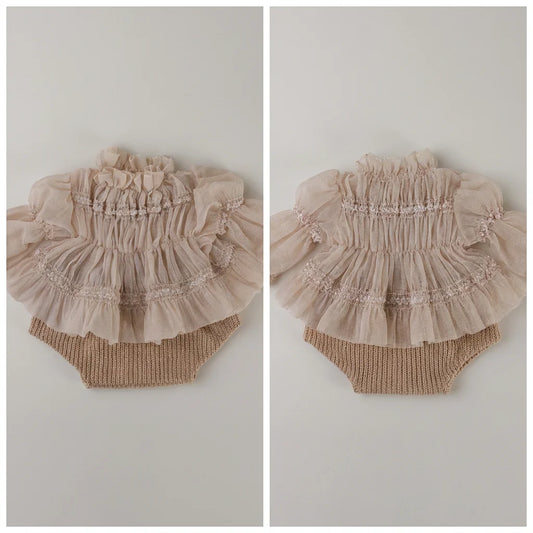 Pleated Chiffon Newborn Photography Set - Smocked Top & Knit Outfit