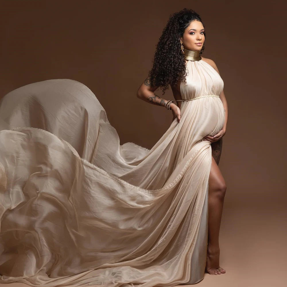 Maternity Elegant White Long Gold Color Leather African Dress