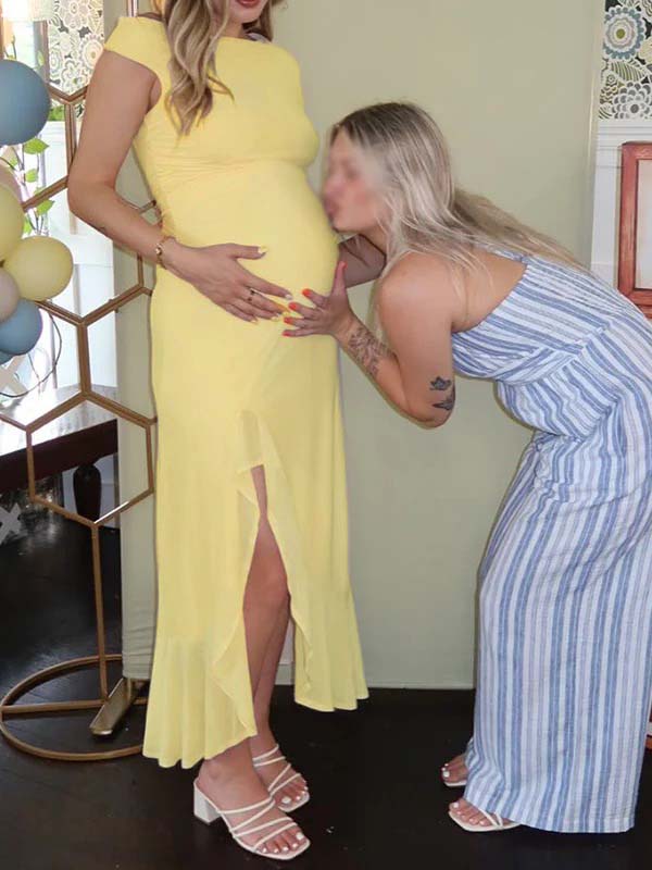 fotobeyou Yellow Mesh Ruffle One Shoulder Side Slit Maternity Maxi Dress