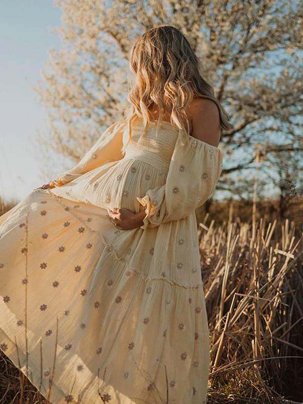 fotobeyou Apricot Daisy Off Shoulder Ruffle Boho Maternity Photoshoot Maxi Dress