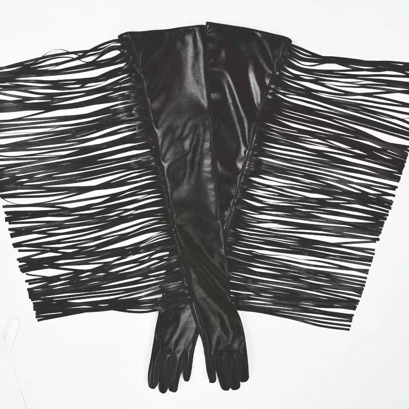 Maternity Punk Style Extra Long Tassel Leather Gloves Black Hat Gown