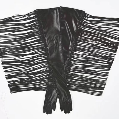 Maternity Punk Style Extra Long Tassel Leather Gloves Black Hat Gown