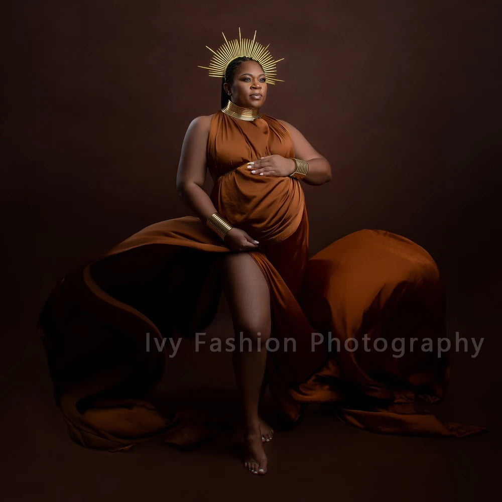 Maternity Elegant Long Gold Color Leather African Posing Gown