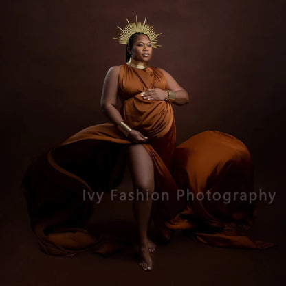 Maternity Elegant Long Gold Color Leather African Posing Gown