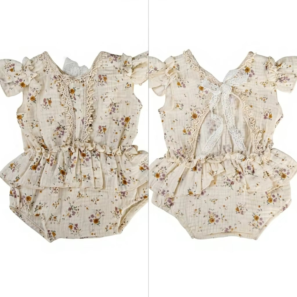 Floral Muslin Newborn Romper - Lace Trim Photography Outfit for Baby Girls