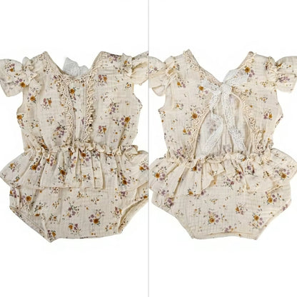 Cream Floral Muslin Newborn Romper with Lace Trim