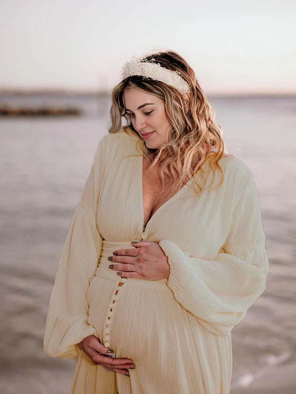fotobeyou Ivory White Single Breasted Open Front Big Swing Deep V-neck Robe Elegant Wedding Gown Maternity Boho Photoshoot Baby Shower Maxi Dress