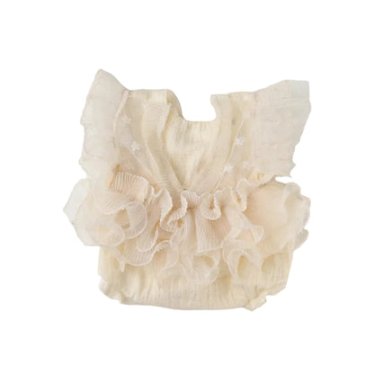 Floral Embroidered Pleated Mesh Newborn Romper