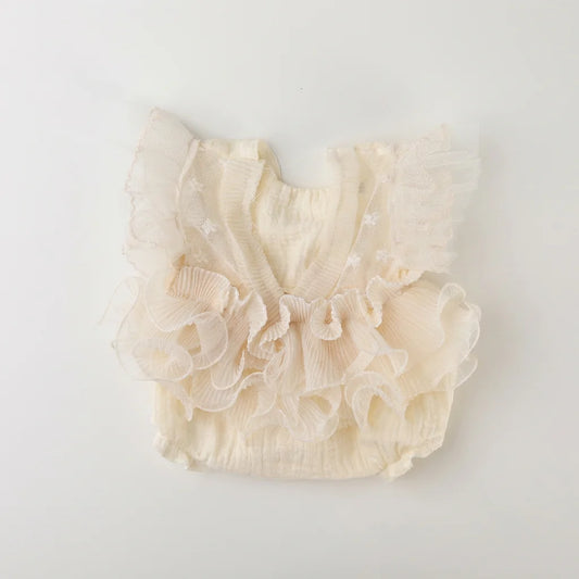 Pleated Mesh Newborn Photography Romper - Floral Embroidery Baby Outfit
