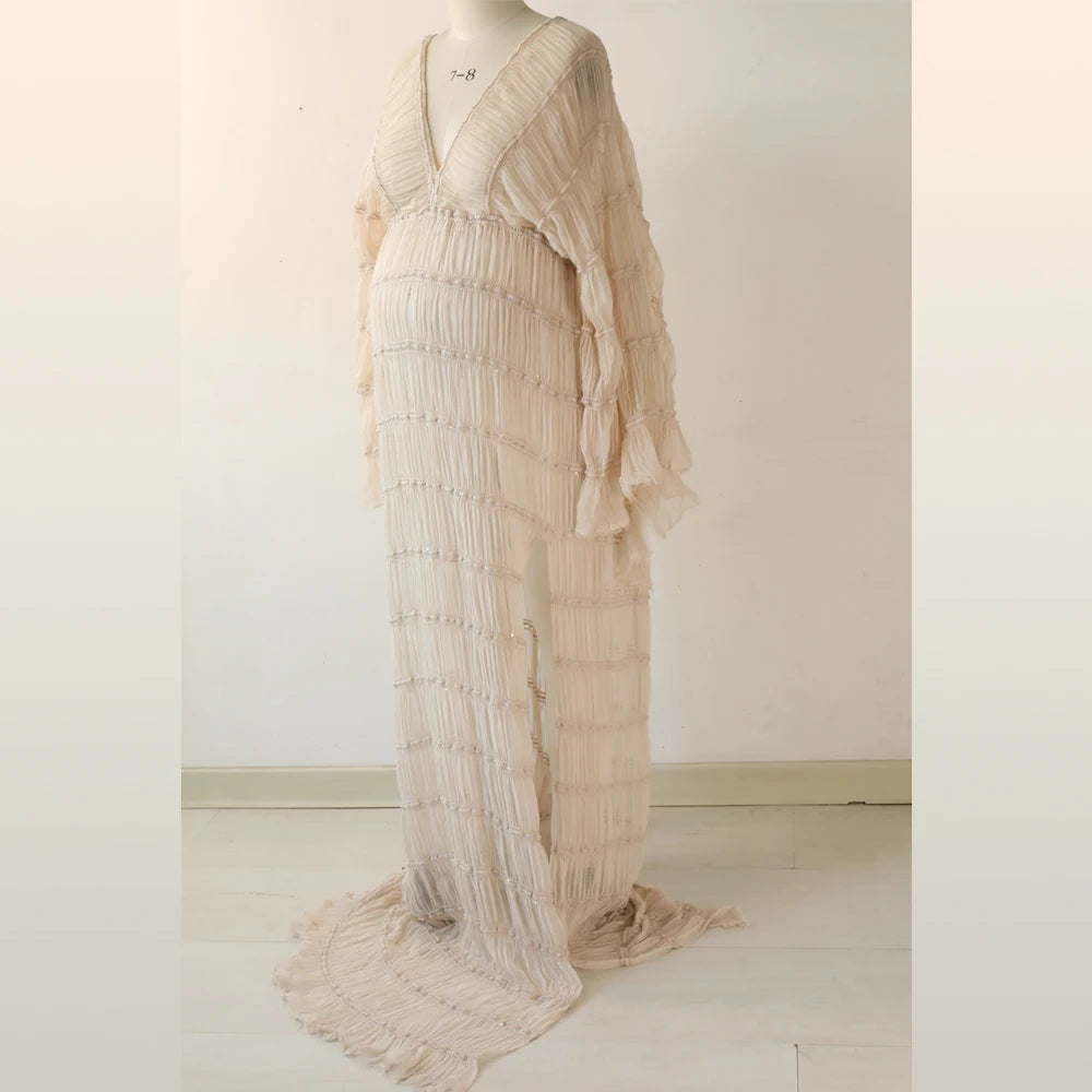 Maternity Bohemian Ruffle Long Sleeve Pleated Gown