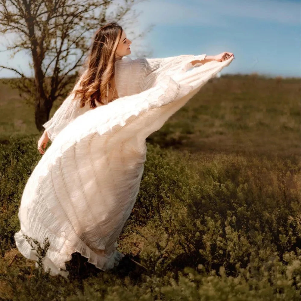 Maternity Bohemian Ruffle Long Sleeve Pleated Gown