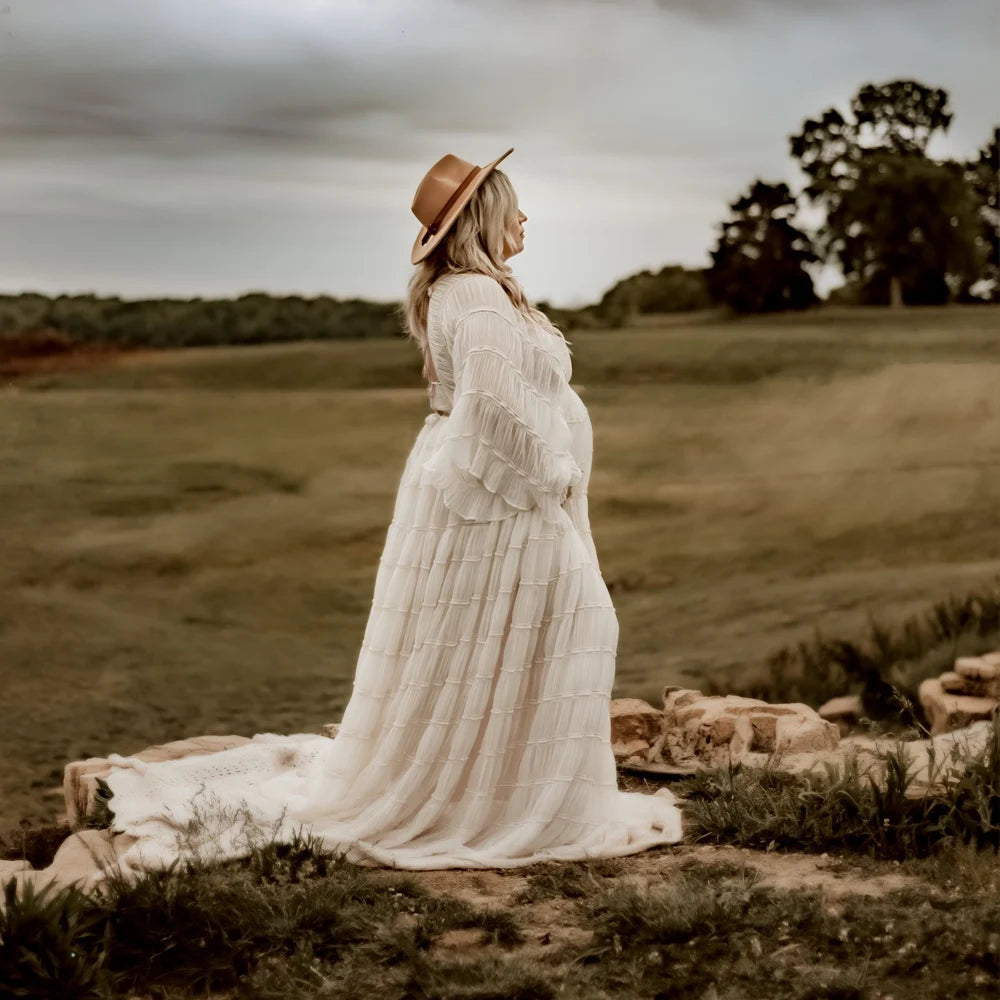 Maternity Bohemian Ruffle Long Sleeve Pleated Gown