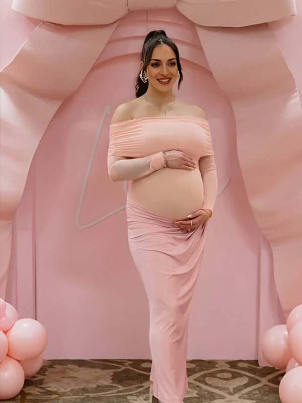 fotobeyou Mesh Patchwork Ruched Off Shoulder Elegant Maternity Baby Shower Maxi Dress