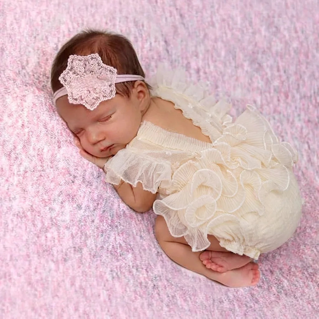 Pleated Mesh Newborn Photography Romper - Floral Embroidery Baby Outfit