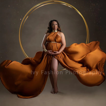 Maternity Elegant Long Gold Color Leather African Posing Gown