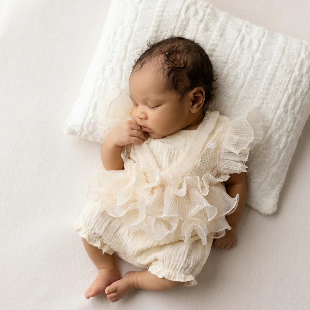 Pleated Mesh Newborn Photography Romper - Floral Embroidery Baby Outfit