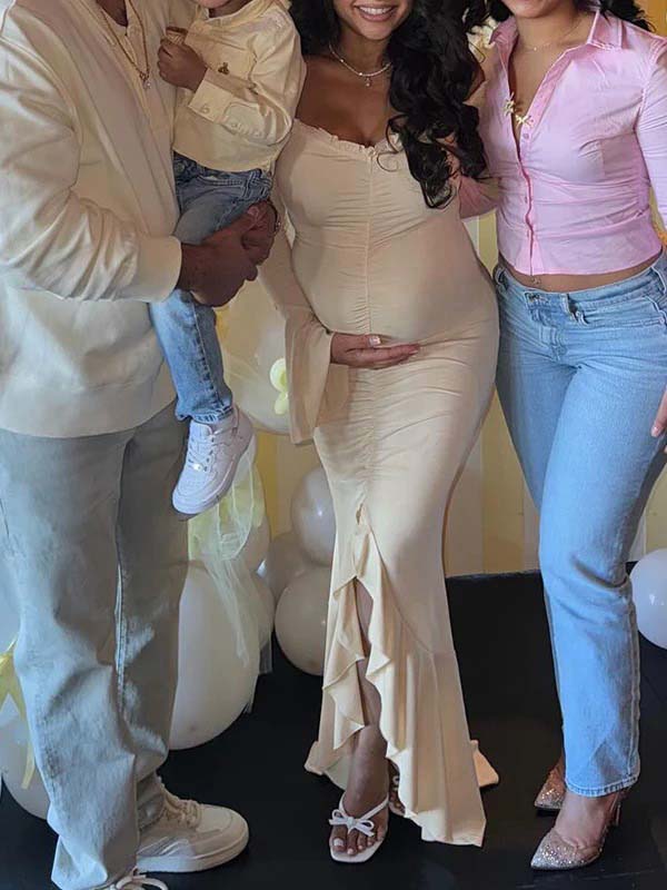 fotobeyou Beige Off Shoulder Ruffle Falbala Ruched Slit Mermaid Elegant Maternity Baby Shower Maxi Dress
