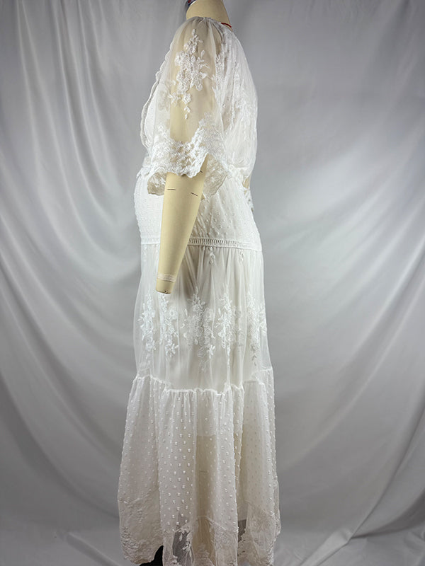 fotobeyou White Lace Ruffle Embroidery Boho Plus Photoshoot Maternity Maxi Dress