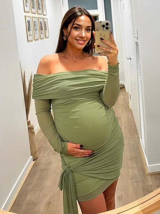 fotobeyou Green Mesh Ruched Knot Draped Off Shoulder Bodycon Elegant Cocktail Party Maternity Photoshoot Baby Shower Mini Dress