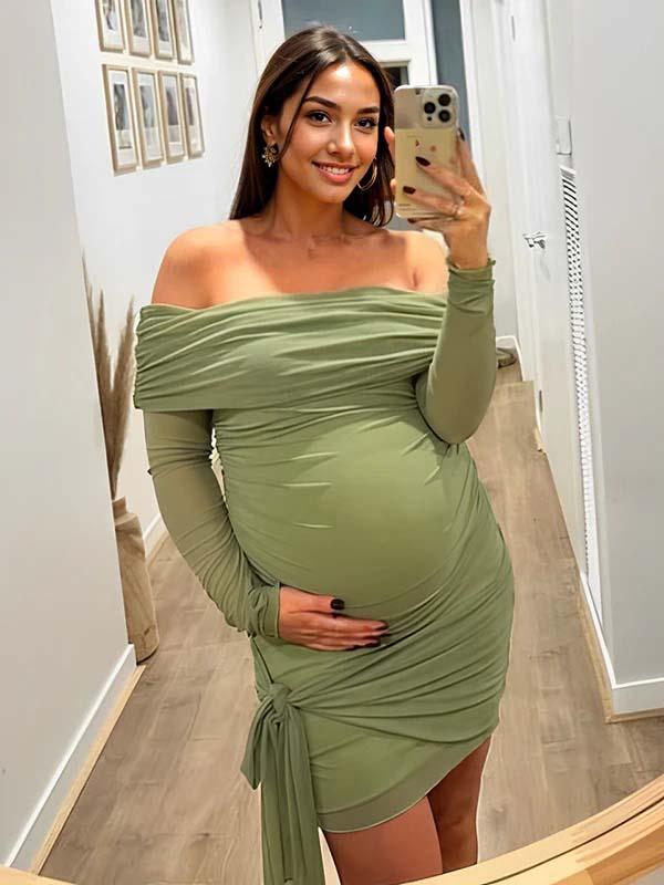 fotobeyou Green Mesh Ruched Knot Draped Off Shoulder Bodycon Elegant Cocktail Party Maternity Photoshoot Baby Shower Mini Dress