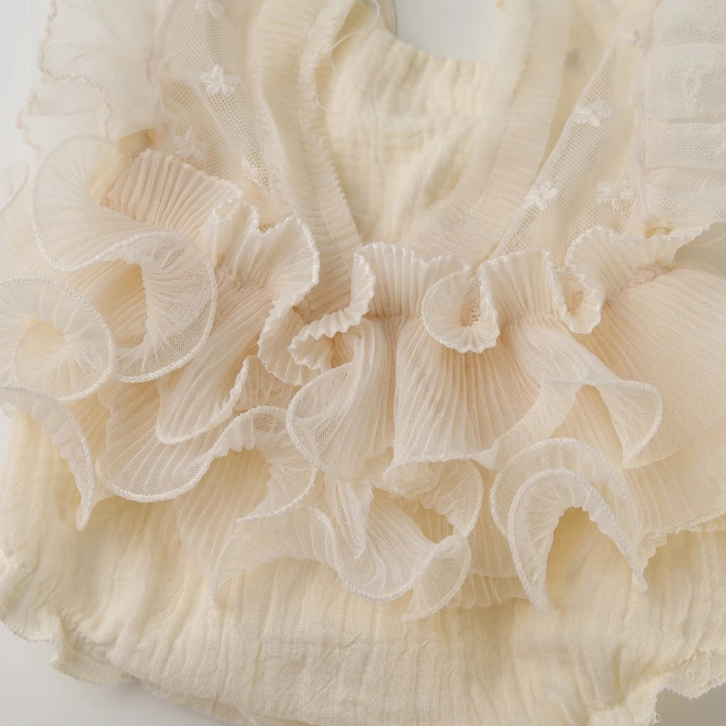 Pleated Mesh Newborn Photography Romper - Floral Embroidery Baby Outfit