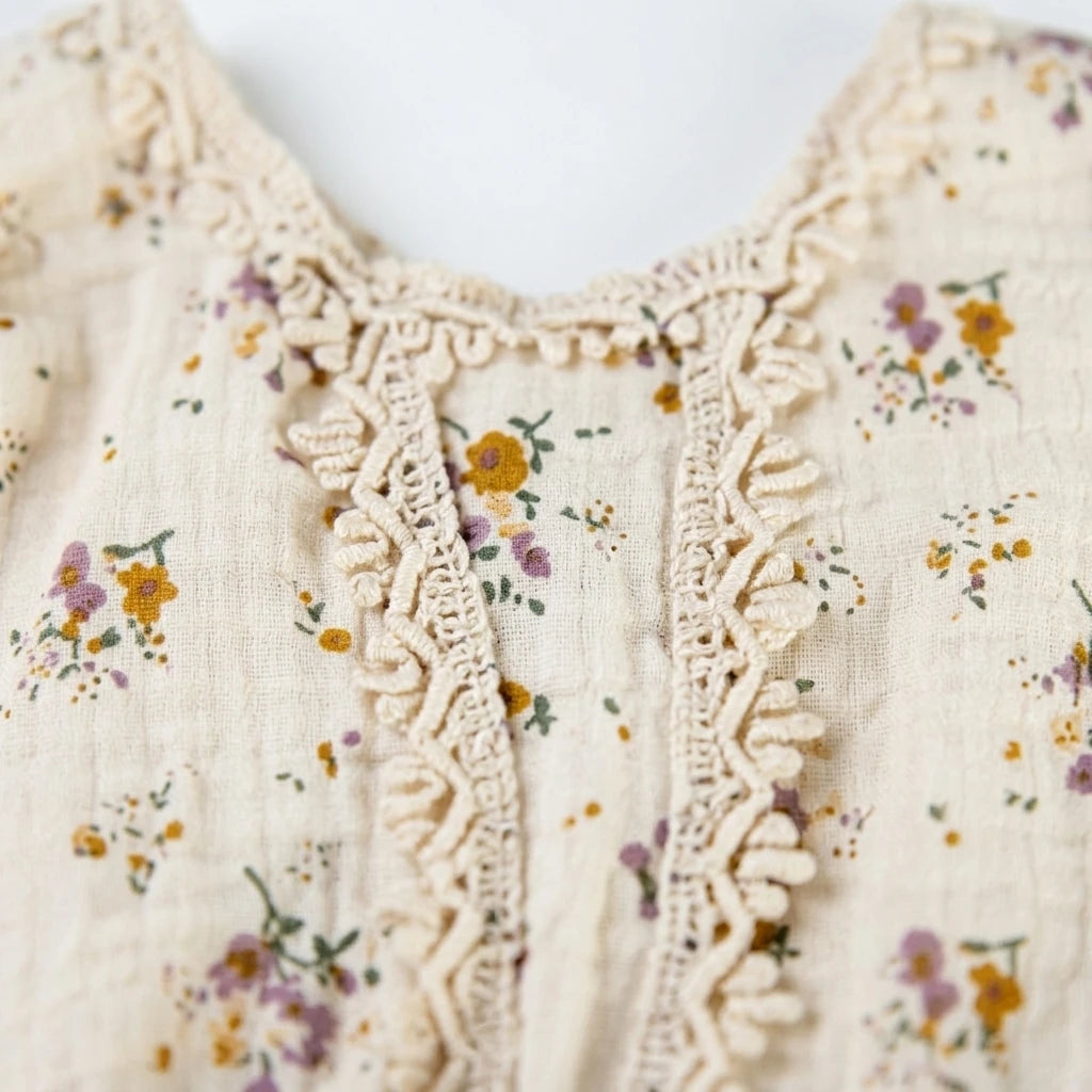 Cream Floral Muslin Newborn Romper - Lace Neckline Detail