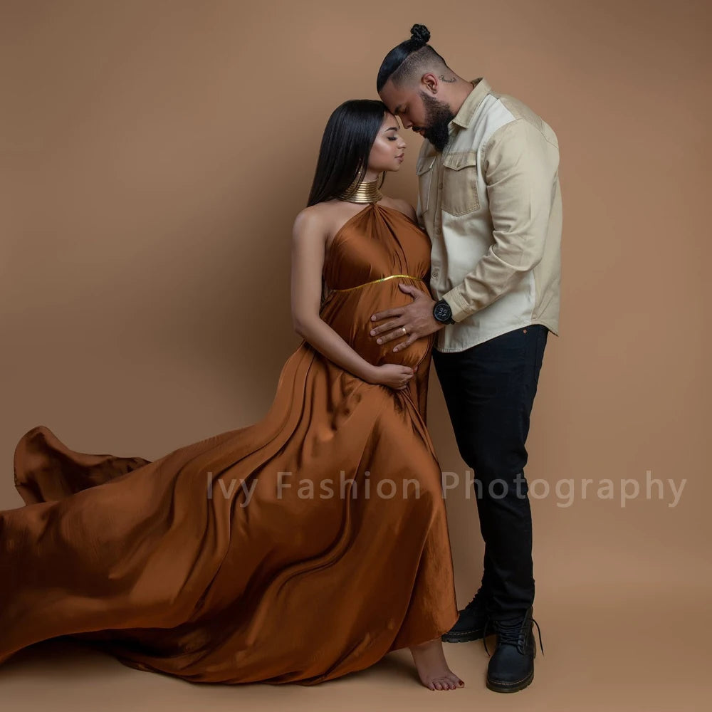 Maternity Elegant Long Gold Color Leather African Posing Gown