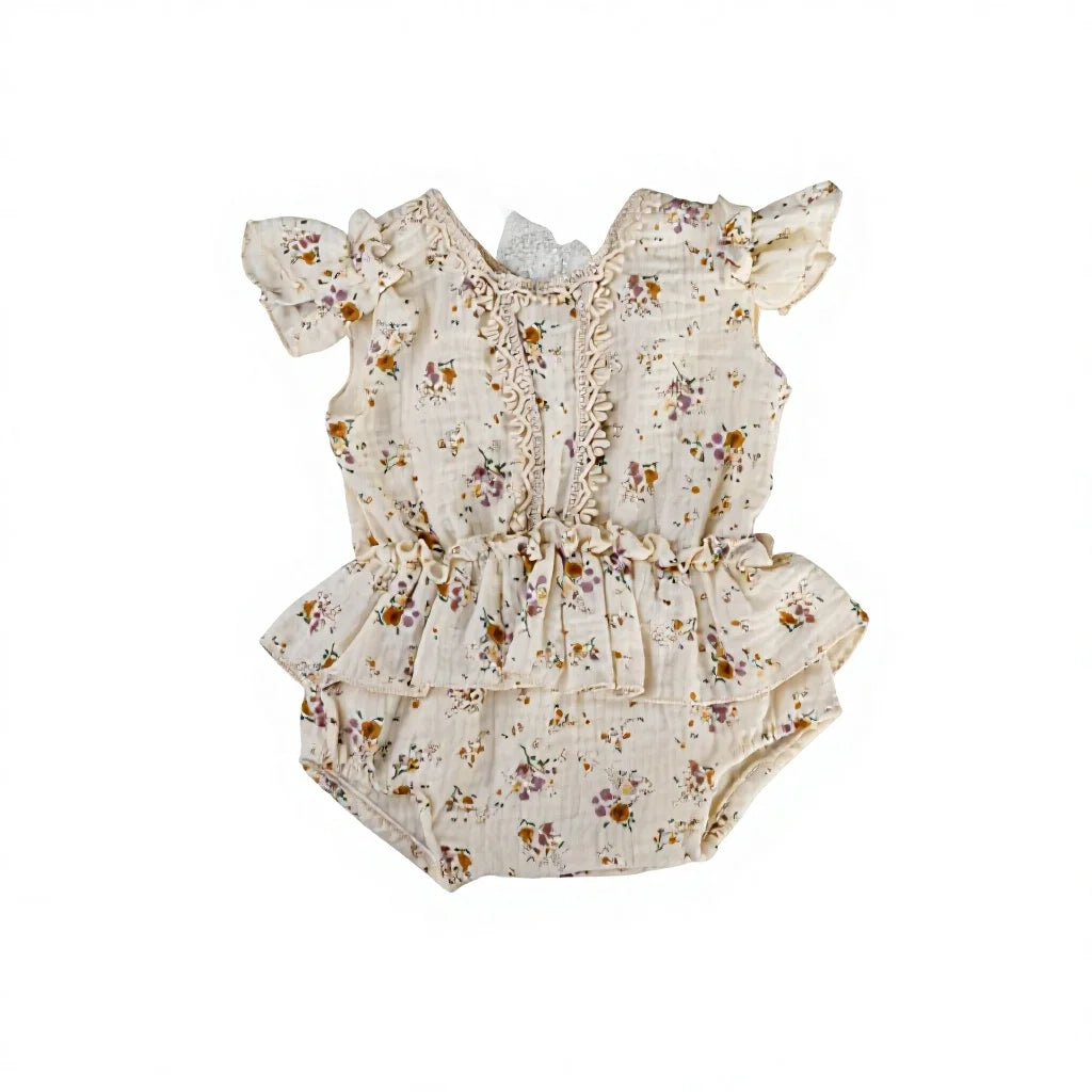 Cream Floral Muslin Newborn Romper - Front Flat Lay