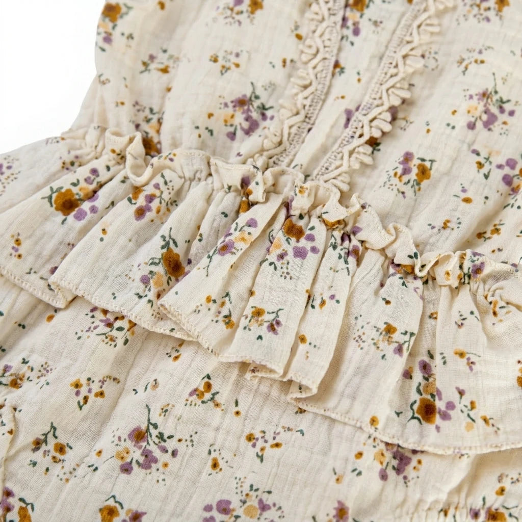 Cream Floral Muslin Newborn Romper - Floral Print and Peplum Detail
