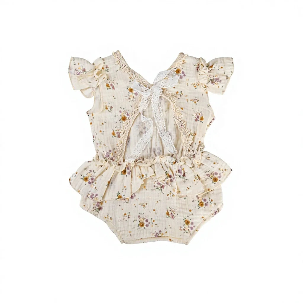 Cream Floral Muslin Newborn Romper - Back Flat Lay