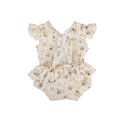 Cream Floral Muslin Newborn Romper - Back Flat Lay