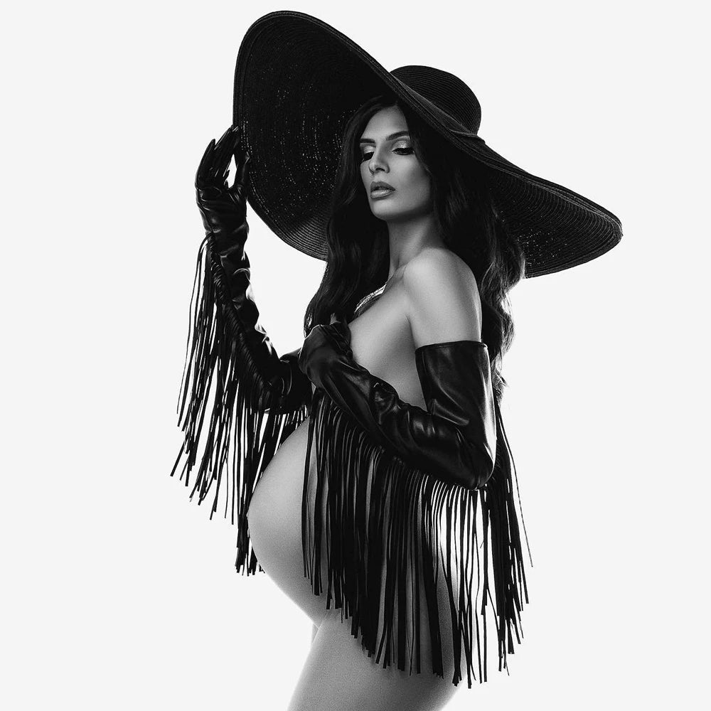 Maternity Punk Style Extra Long Tassel Leather Gloves Black Hat Gown