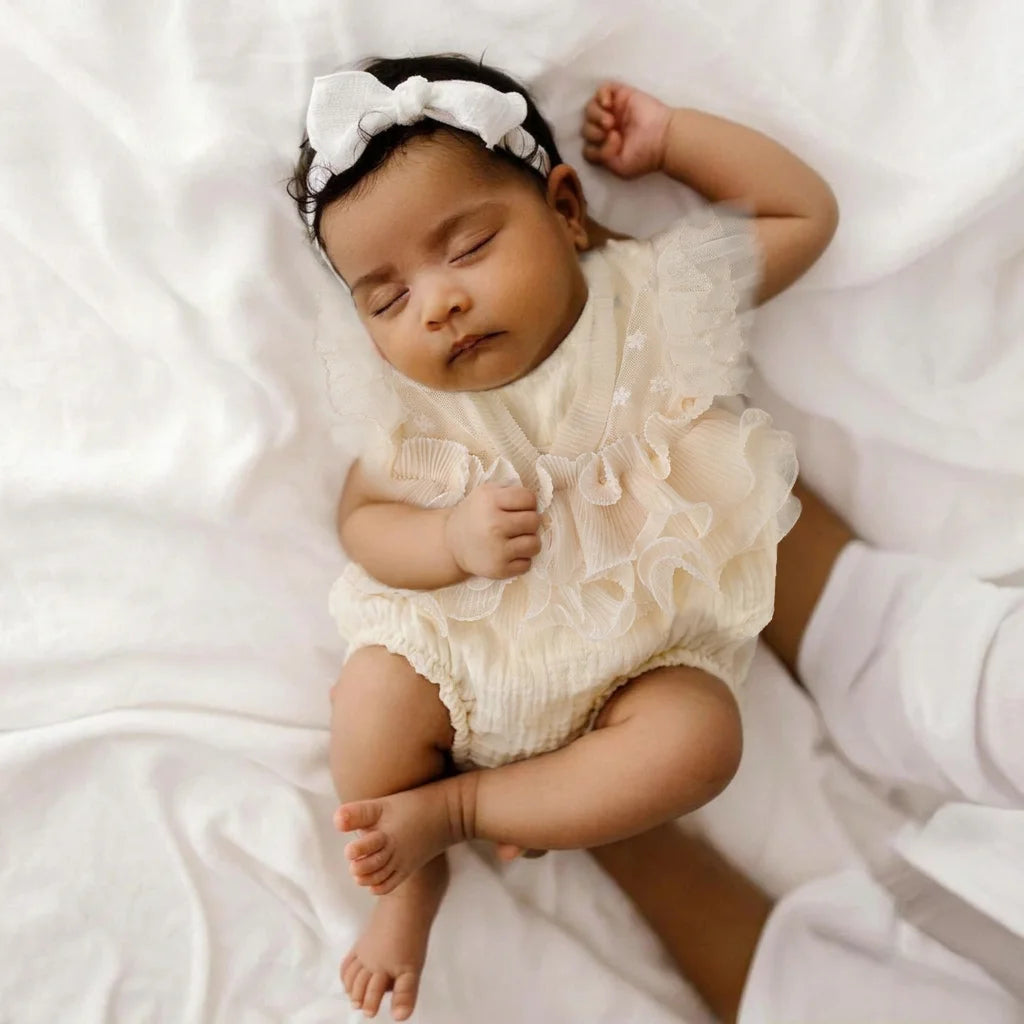 Pleated Mesh Newborn Photography Romper - Floral Embroidery Baby Outfit