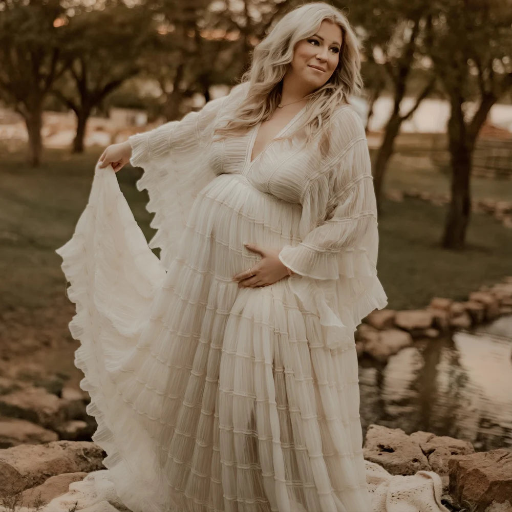 Maternity Bohemian Ruffle Long Sleeve Pleated Gown