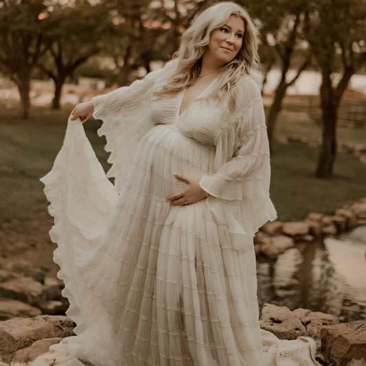 Maternity Bohemian Ruffle Long Sleeve Pleated Gown