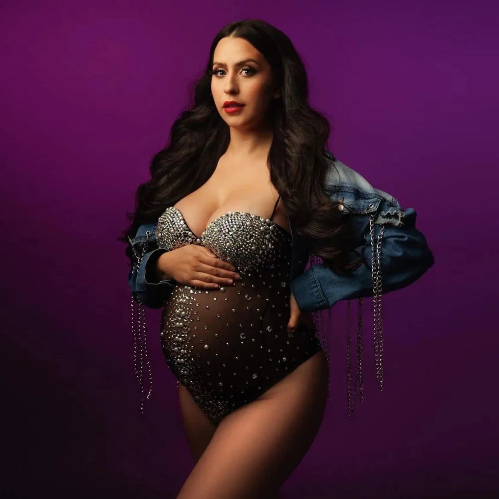 Maternity Rhinestones Pearl Stretch Jumpsuits Dress Photographic