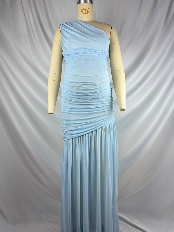 One Shoulder Mesh Ruched Mermaid Evening Gown Maternity Maxi Dress