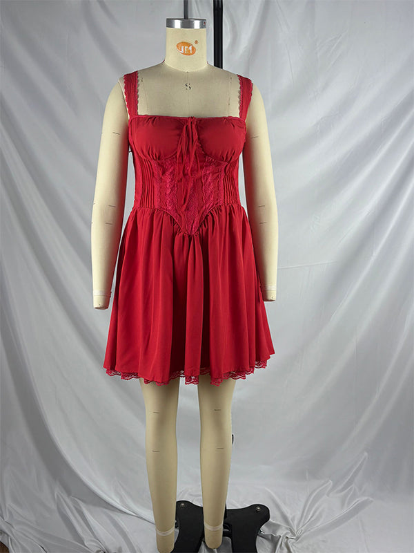 fotobeyou Cherry Red Lace-up Corset Lace Trim A-line Elegant Party Maternity Baby Shower Mini Dress