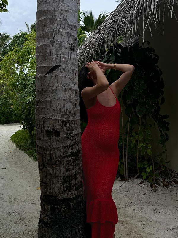 fotobeyou Red Crochet Hollow Out Ruffle Falbala Frill Hem Cami Bodycon Elegant Baby Moon Beach Maternity Photoshoot Baby Shower Mini Dress