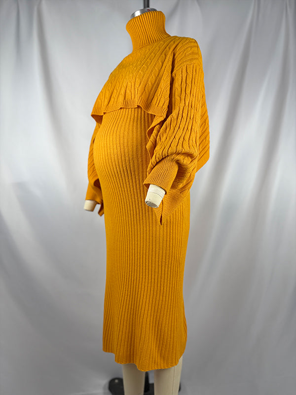 fotobeyou Solid Color Knitting 2-in-1 Bodycon Baby Shower Maternity Sweater Midi Dress