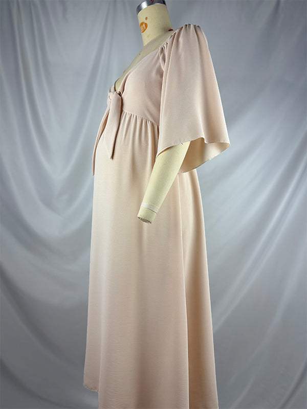 fotobeyou Beige  Bow Flutter Sleeve Plus Photoshoot Maternity Maxi Dress