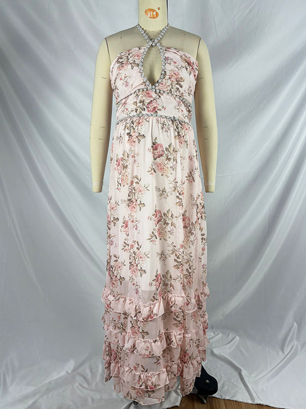 fotobeyou Pink Floral Ruffle Falbala Pearls Side Slit Elegant Maternity Baby Shower Maxi Dress