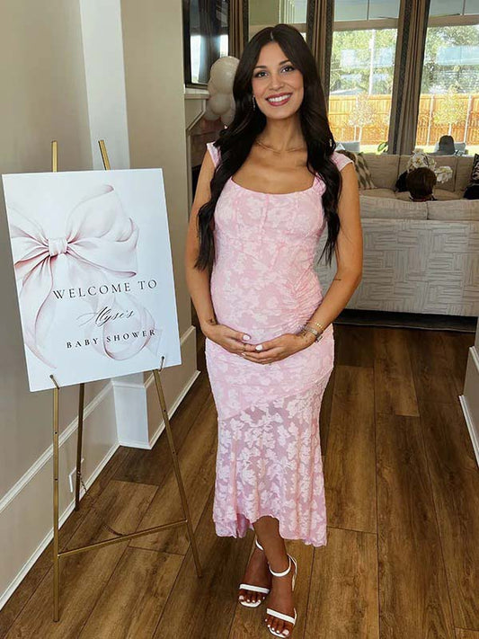 fotobeyou Pink Lace Ruched Corset High-low Tank Mermaid Elegant Cocktail Gown Maternity Baby Shower Maxi Dress