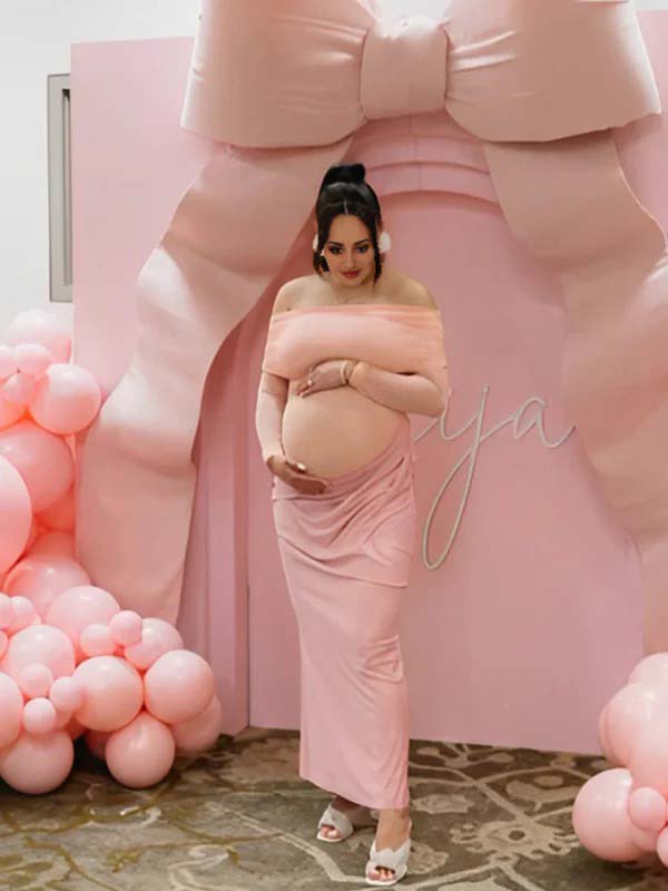 fotobeyou Mesh Patchwork Ruched Off Shoulder Elegant Maternity Baby Shower Maxi Dress