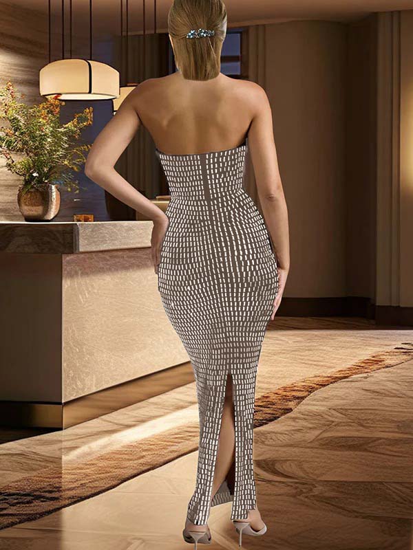 fotobeyou Glitter Diamond Rhinestone Bandeau Back Slit Bodycon Elegant Cocktail Party Maternity Baby Shower Maxi Dress
